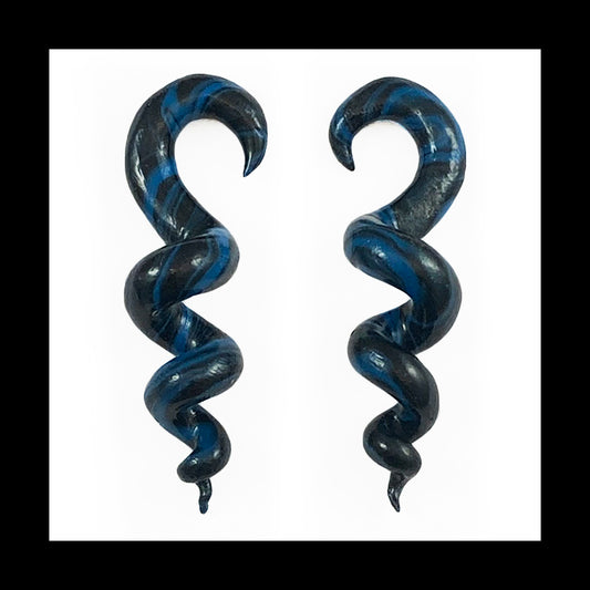 Spiral - Corkscrew - 6g 4mm Blue & Black - Handmade Clay Gauge Earrings