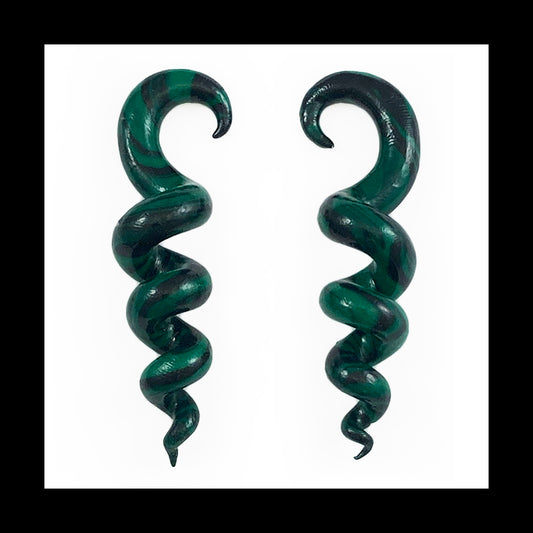 Spiral - Corkscrew - 6g 4mm Green & Black - Handmade Clay Gauge Earrings