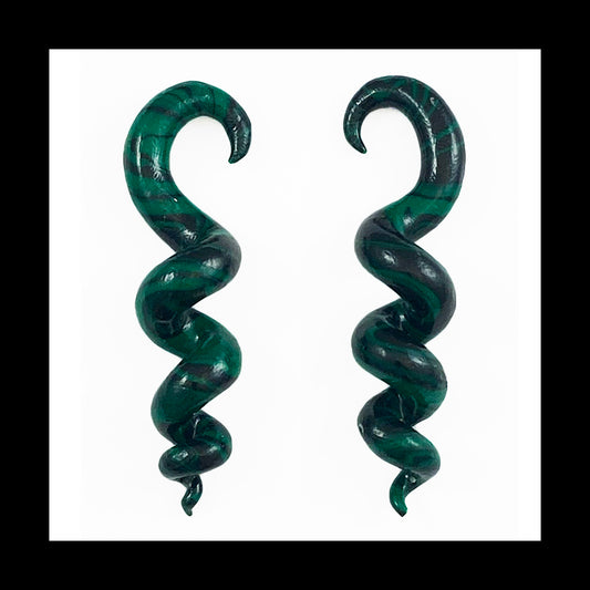 Spiral - Corkscrew - 6g 4mm Green & Black - Handmade Clay Gauge Earrings