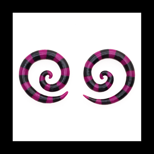 Spiral - 4g 5mm Magenta & Black Stripes - Handmade & Painted Clay Gauge Earrings *Custom Order Only*