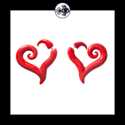 Hearts - Red Faux Gauge - Handmade Clay Earrings