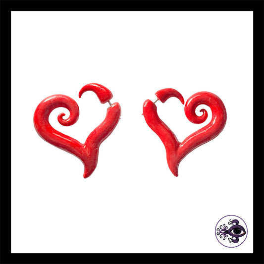 Hearts - Red Faux Gauge - Handmade Clay Earrings