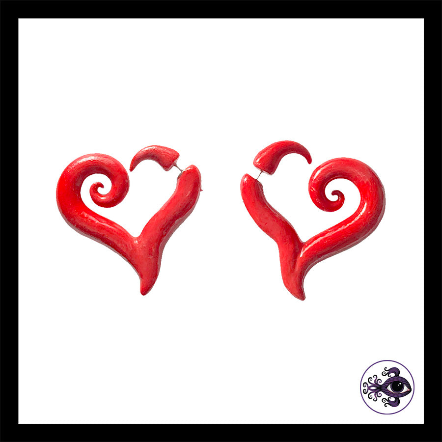 Hearts - Red Faux Gauge - Handmade Clay Earrings