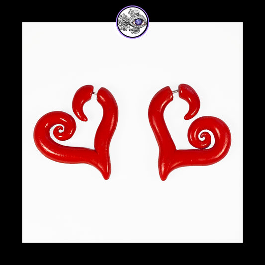 Hearts - Red Faux Gauge - Handmade Clay Earrings