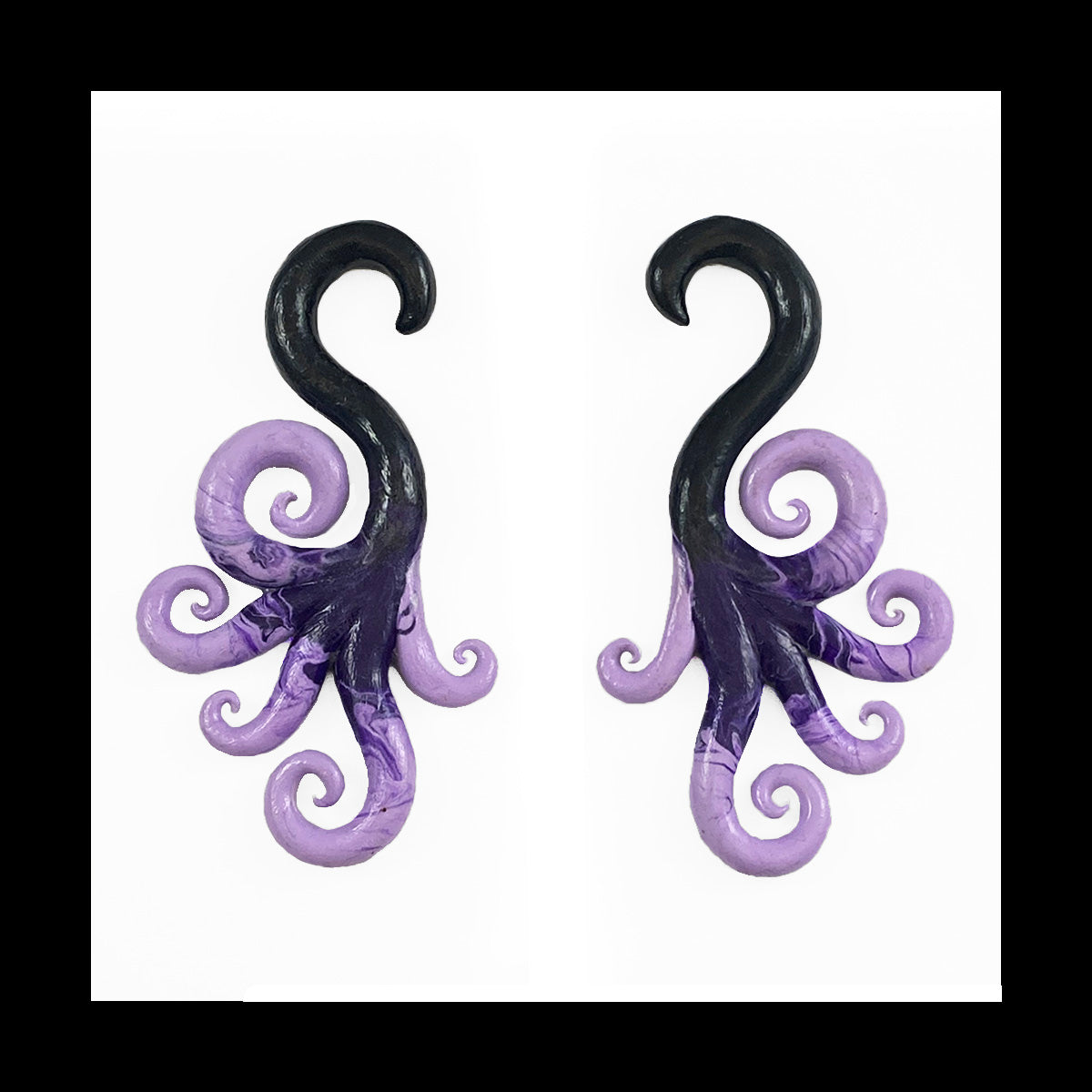 Spiral - Multi - 0g 8mm Black & Purple - Handmade Clay Gauge Earrings