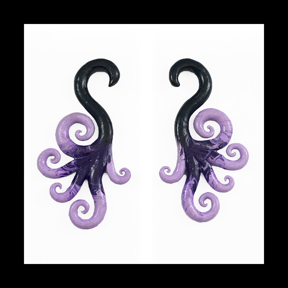 Spiral - Multi - 0g 8mm Black & Purple - Handmade Clay Gauge Earrings