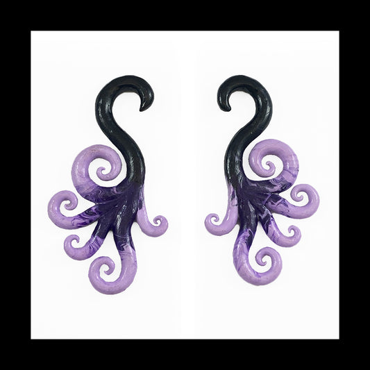 0g 8mm Black and Purple Multi-Spiral Handmade Clay Gauge Earrings