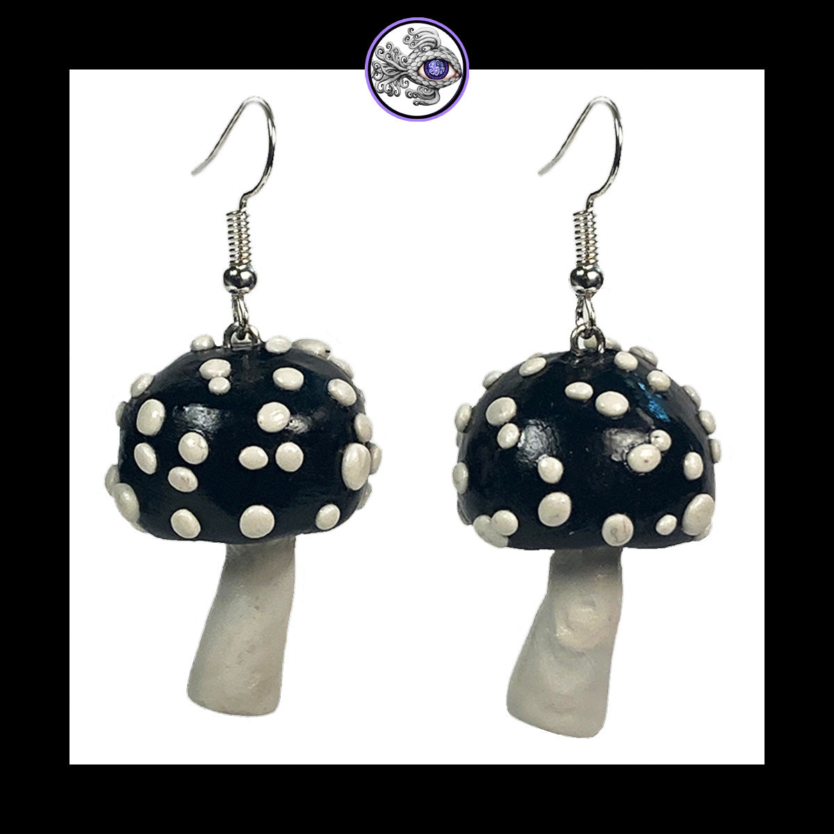 Mushrooms - Black Amanita - Handmade Clay Dangle Earrings