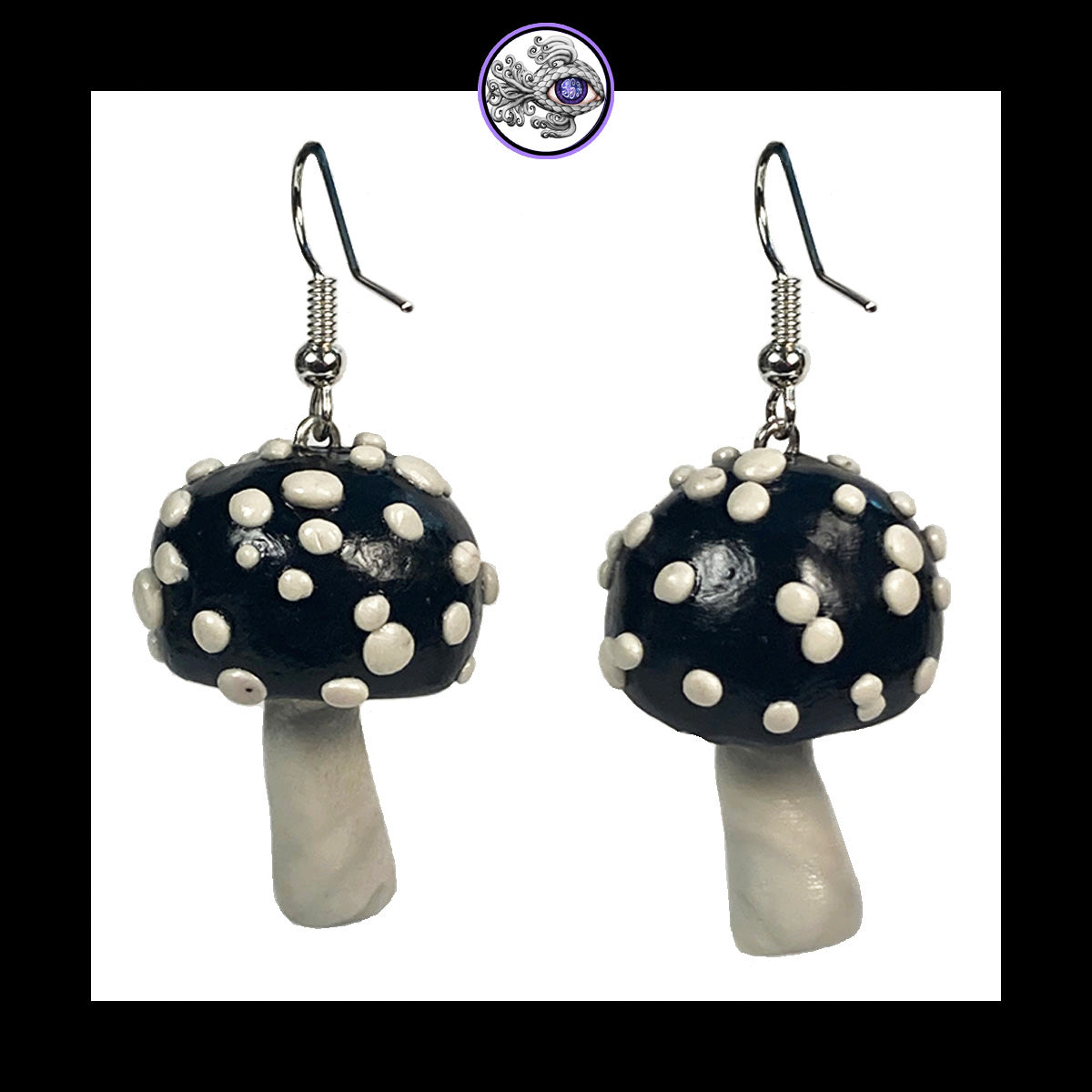 Mushrooms - Black Amanita - Handmade Clay Dangle Earrings