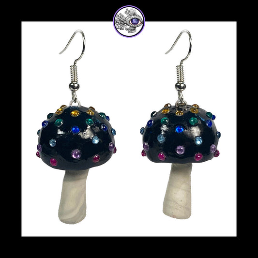 Mushrooms - Black Sparkle - Amanita Clay Dangle Earrings