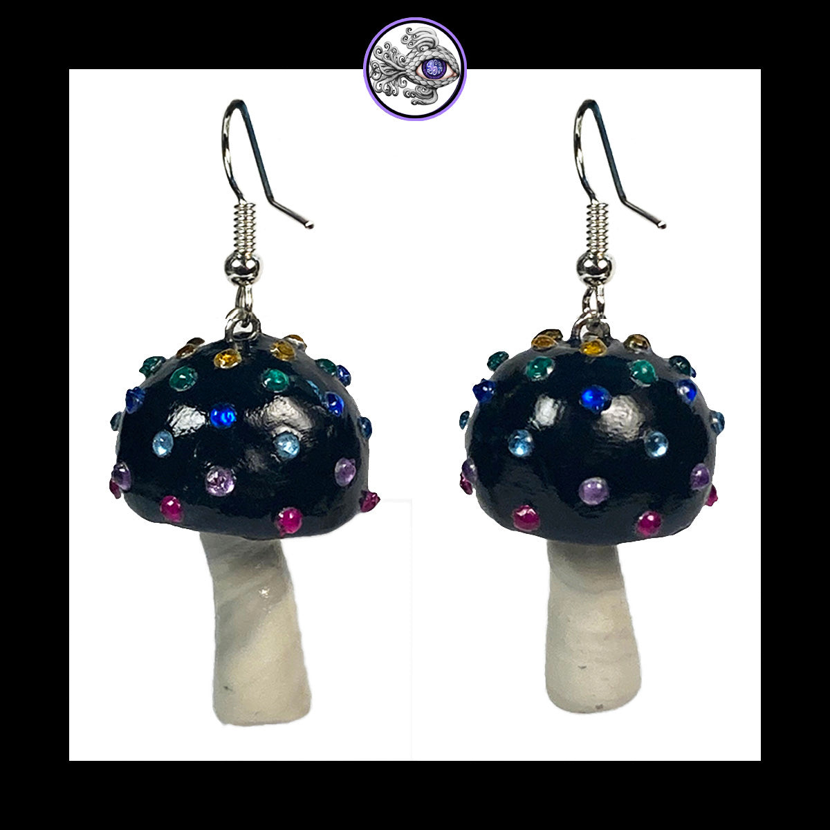 Mushrooms - Black Sparkle - Amanita Clay Dangle Earrings