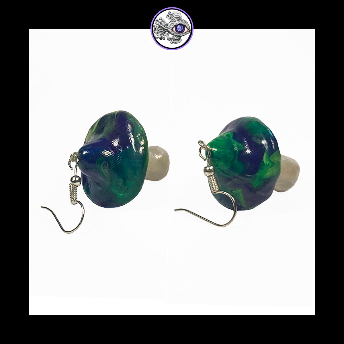 Mushrooms - Blue & Green Swirl - Handmade Clay Dangle Earrings