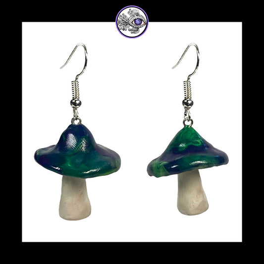 Mushrooms - Blue & Green Swirl - Handmade Clay Dangle Earrings