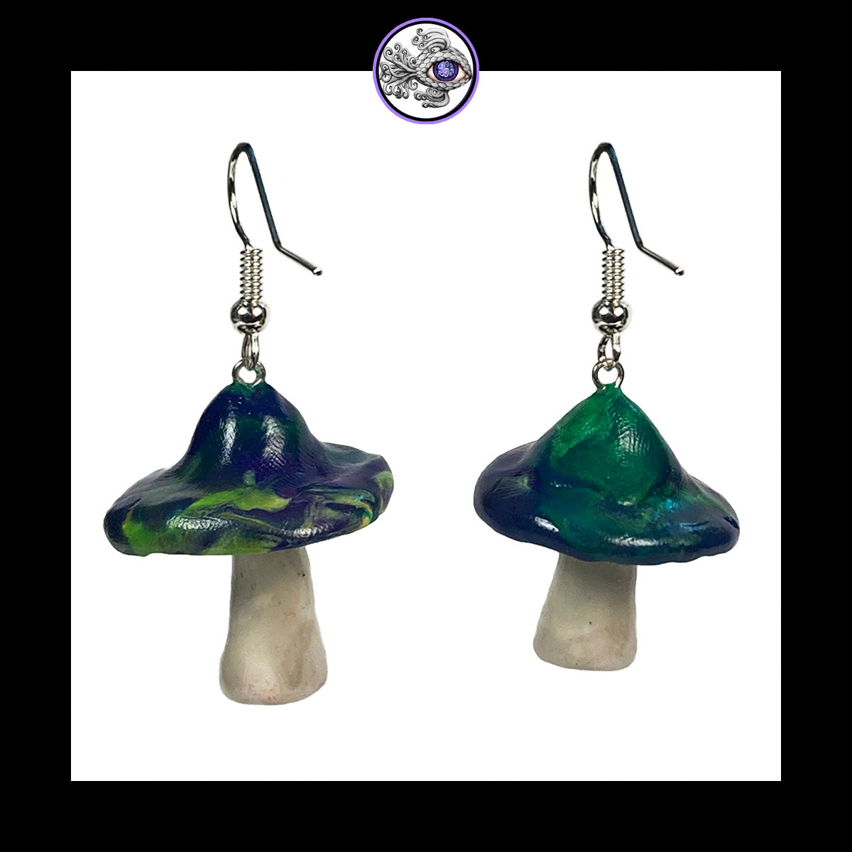 Mushrooms - Blue & Green Swirl - Handmade Clay Dangle Earrings