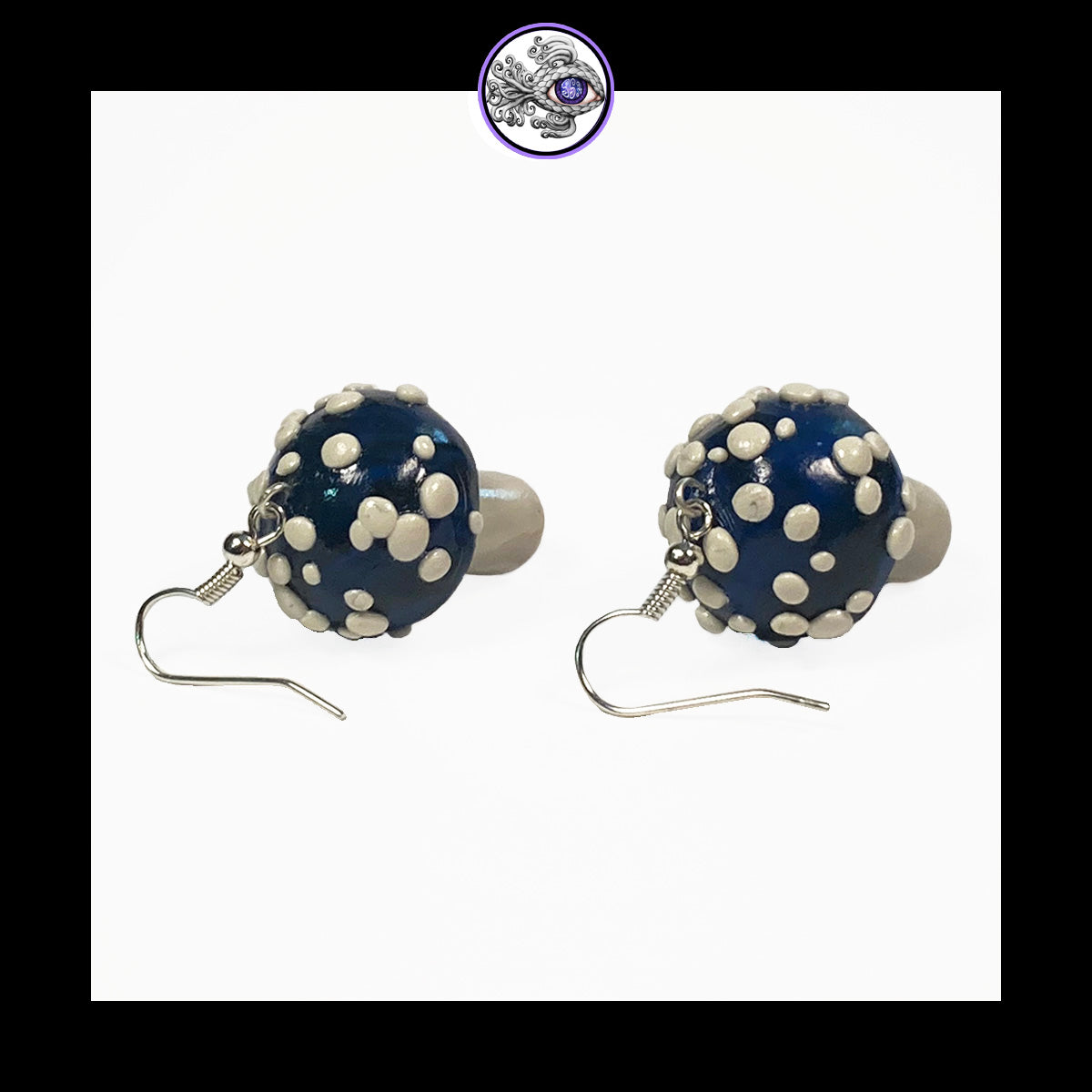 Mushrooms - Blue & Black Amanita - Handmade Clay Dangle Earrings