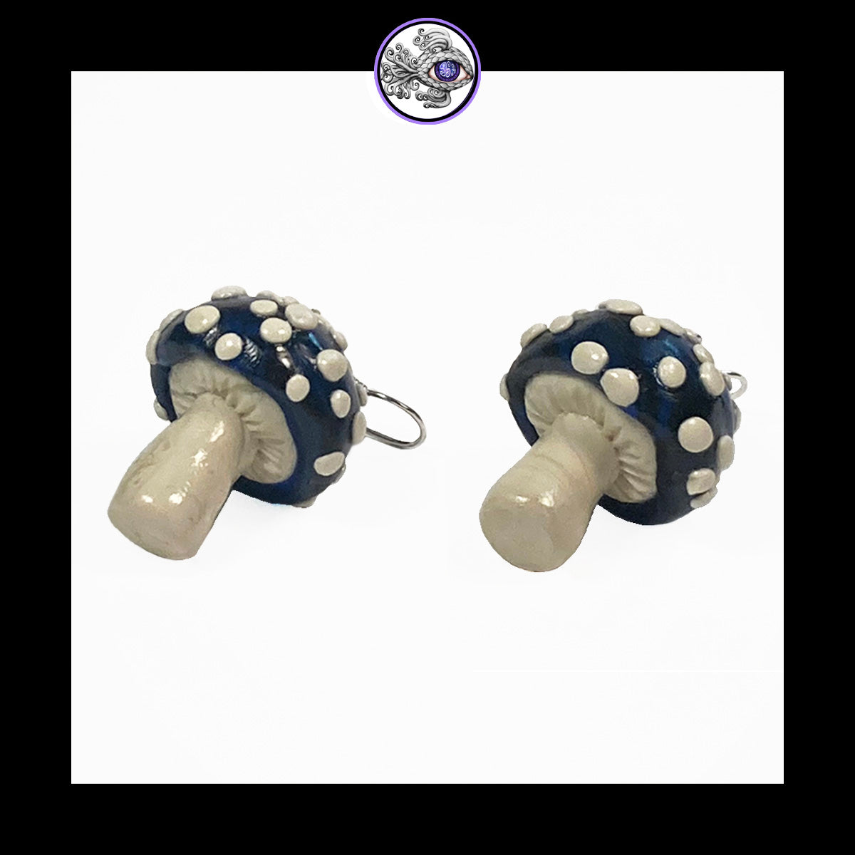 Mushrooms - Blue & Black Amanita - Handmade Clay Dangle Earrings