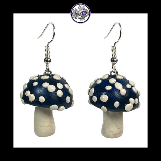 Mushrooms - Blue & Black Amanita - Handmade Clay Dangle Earrings