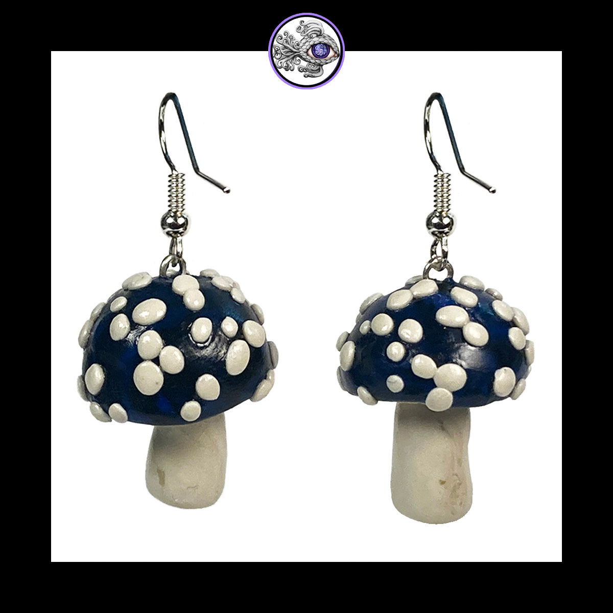 Mushrooms - Blue & Black Amanita - Handmade Clay Dangle Earrings