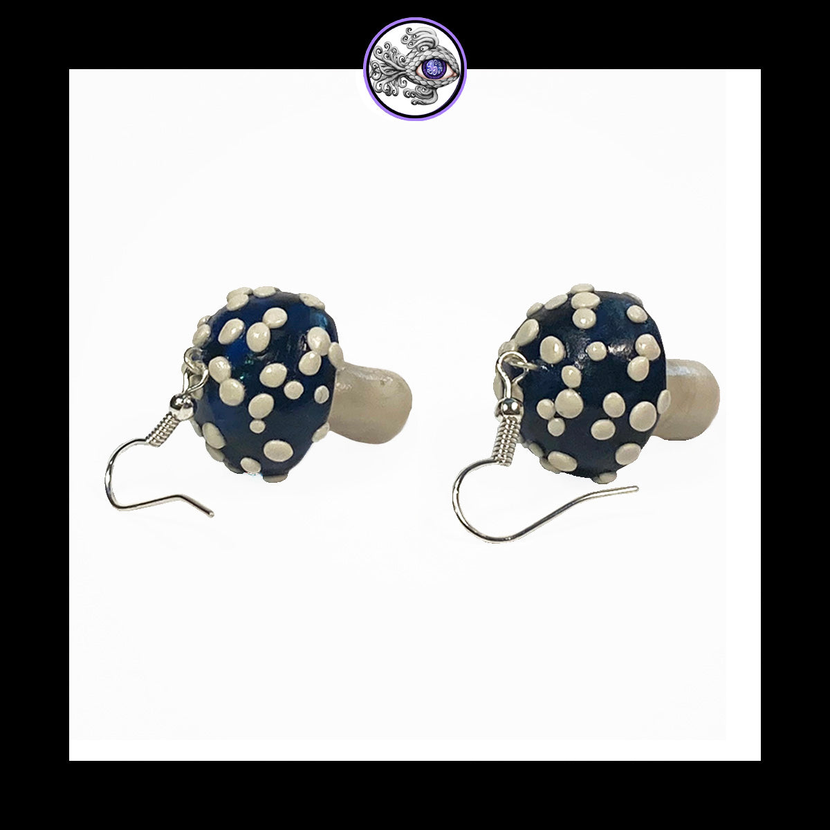 Mushrooms - Blue & Black Amanita - Handmade Clay Dangle Earrings