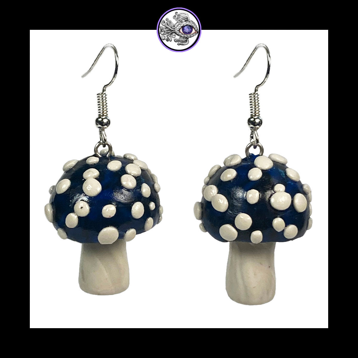 Mushrooms - Blue & Black Amanita - Handmade Clay Dangle Earrings