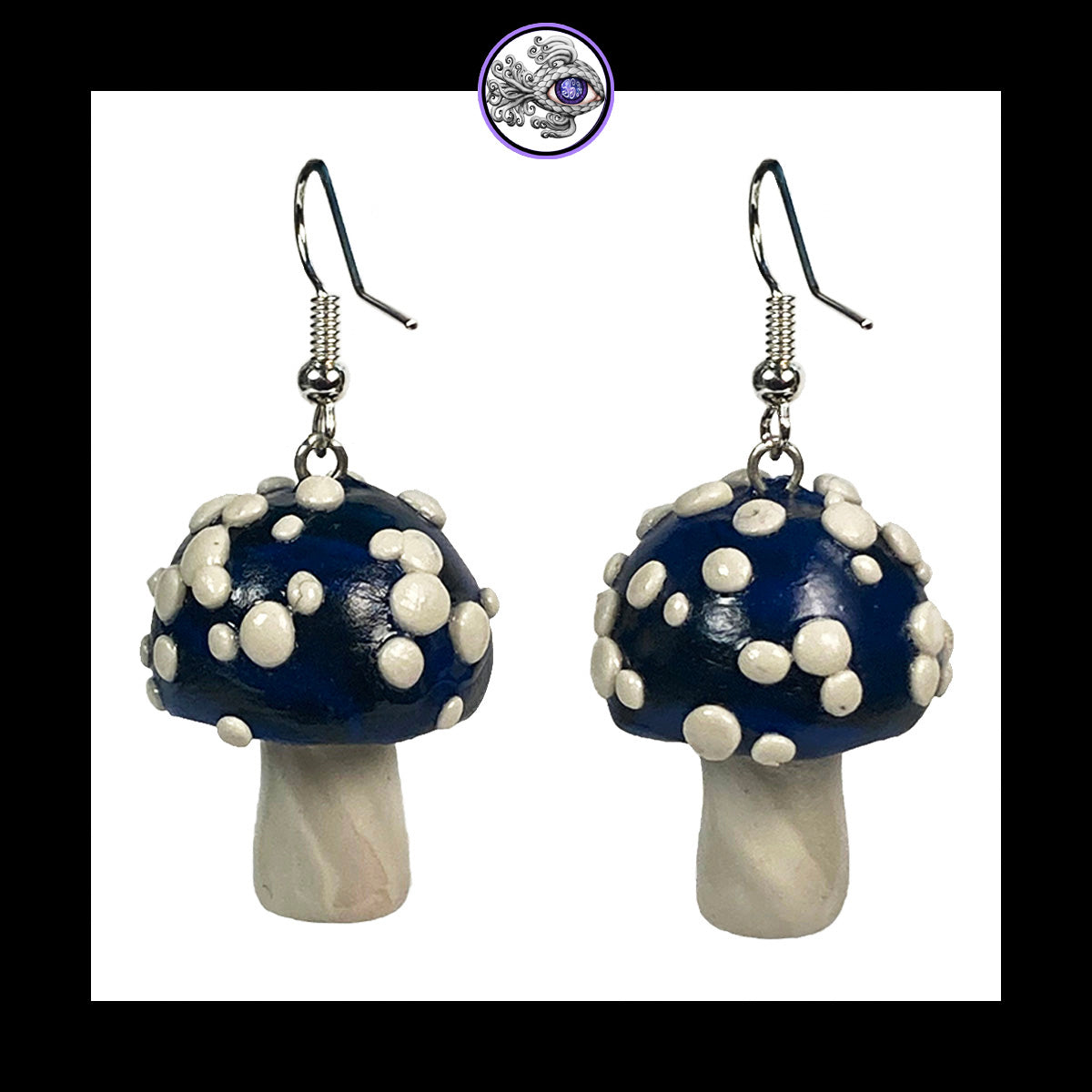 Mushrooms - Blue & Black Amanita - Handmade Clay Dangle Earrings