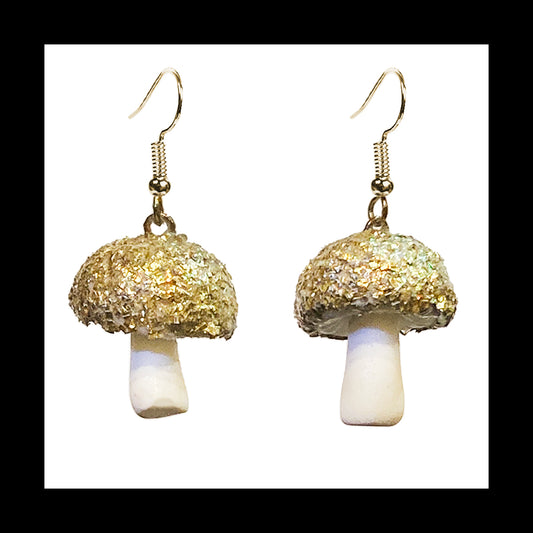 Mushrooms - Gold & White Shimmer - Handmade Clay Dangle Earrings