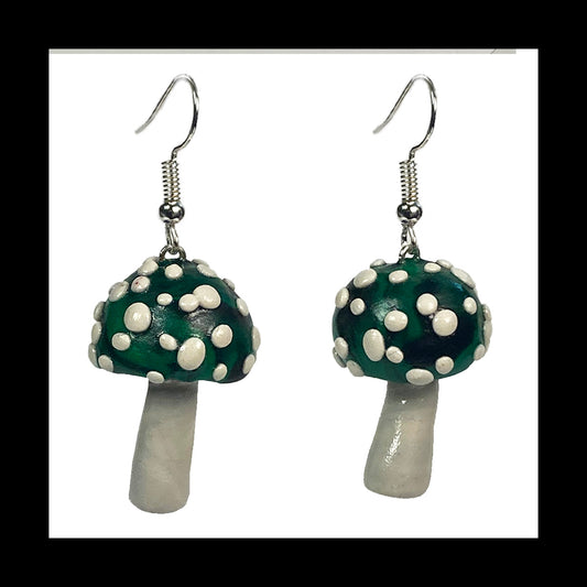 Mushrooms - Green & Black Amanita - Handmade Clay Dangle Earrings *Custom Order Only*