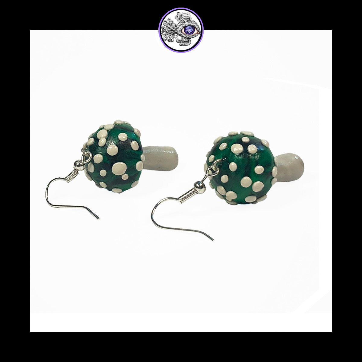 Mushrooms - Green & Black Amanita - Handmade Clay Dangle Earrings *Custom Order Only*