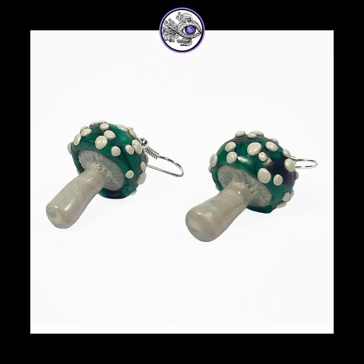 Mushrooms - Green & Black Amanita - Handmade Clay Dangle Earrings *Custom Order Only*