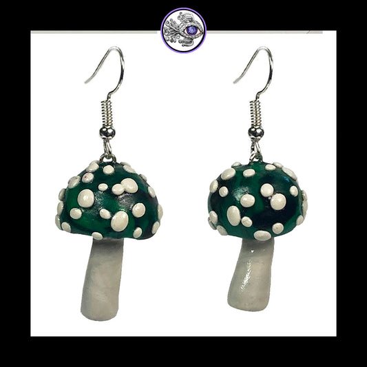 Mushrooms - Green & Black Amanita - Handmade Clay Dangle Earrings *Custom Order Only*