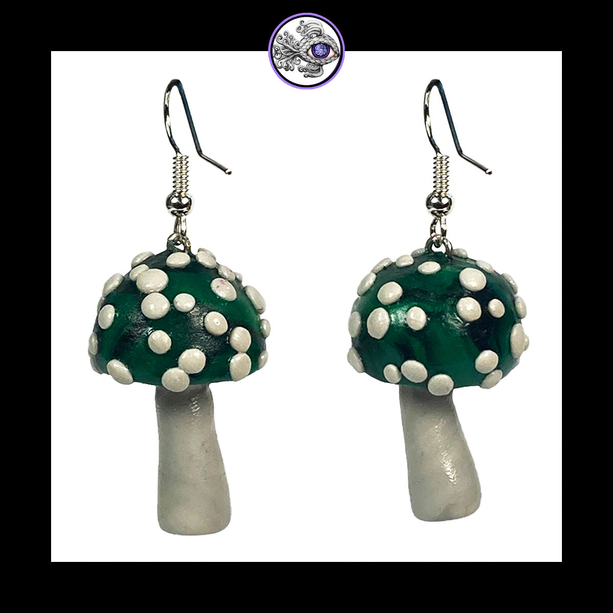 Mushrooms - Green & Black Amanita - Handmade Clay Dangle Earrings *Custom Order Only*