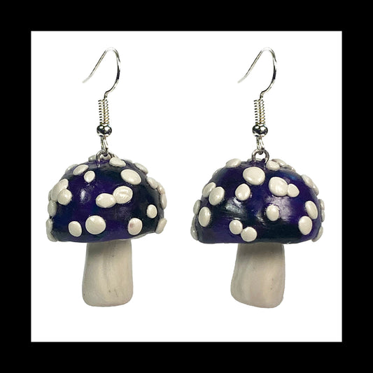 Mushrooms - Purple & Black Amanita - Handmade Clay Dangle Earrings