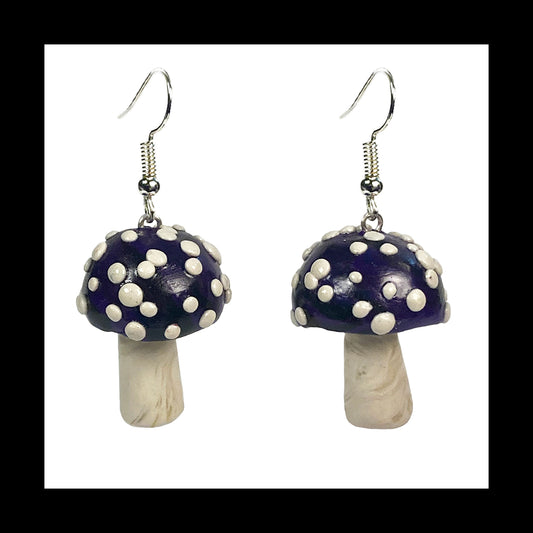 Mushrooms - Purple & Black Amanita - Handmade Clay Dangle Earrings