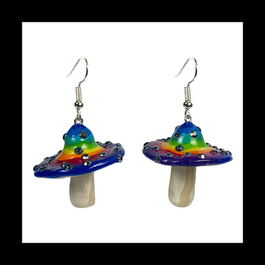 Mushrooms - Rainbow Sparkle Amanita - Handmade Clay Dangle Earrings