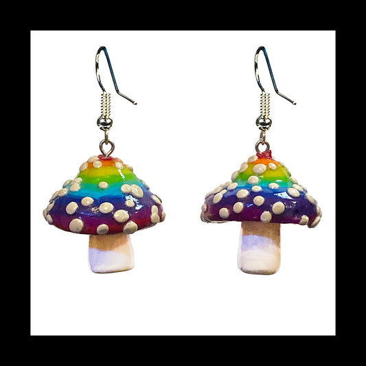 Mushrooms - Rainbow Amanita - Handmade Clay Dangle Earrings *Custom Order Only*