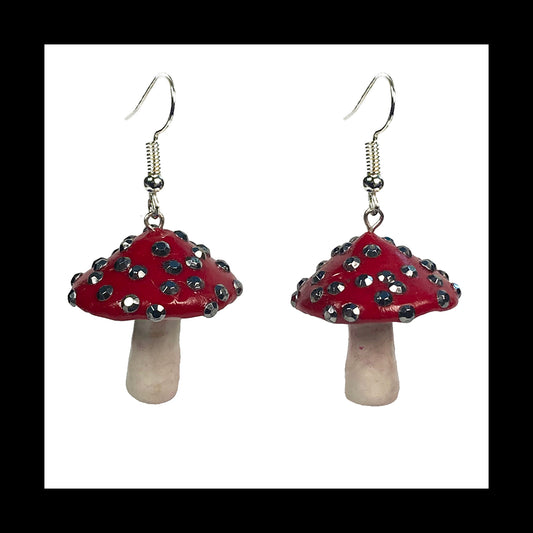 Mushrooms - Red Sparkle Amanita - Handmade Clay Dangle Earrings