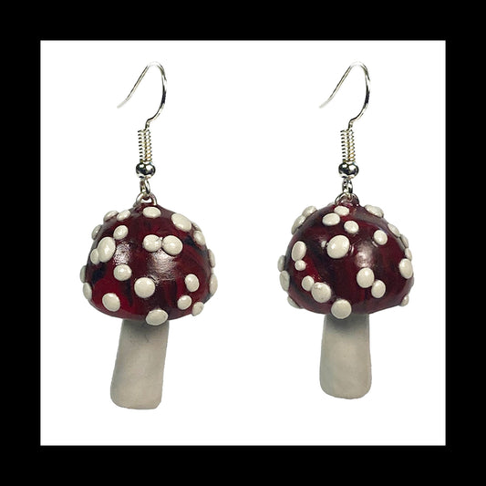 Mushrooms - Red & Black Amanita - Handmade Clay Dangle Earrings