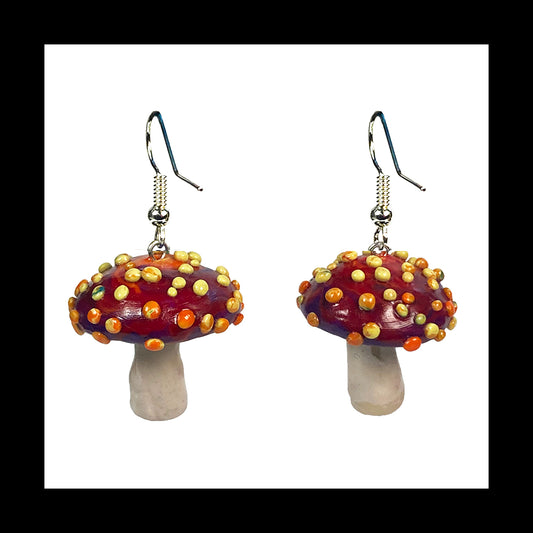 Mushrooms - Red & Yellow Amanita - Handmade Clay Dangle Earrings