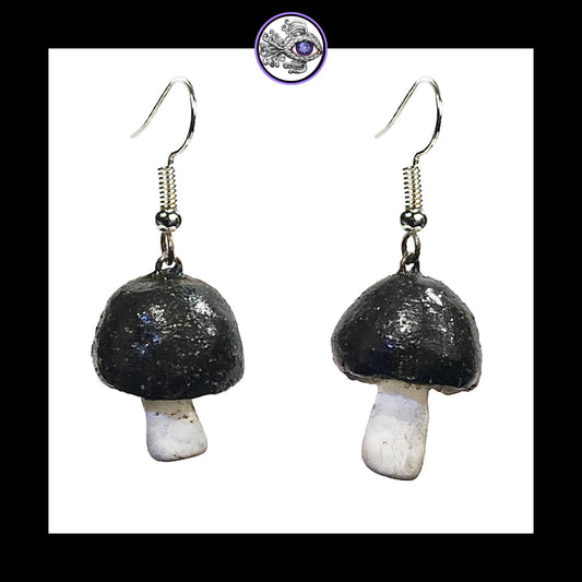 Mushrooms - Black Shimmer - Handmade Clay Dangle Earrings