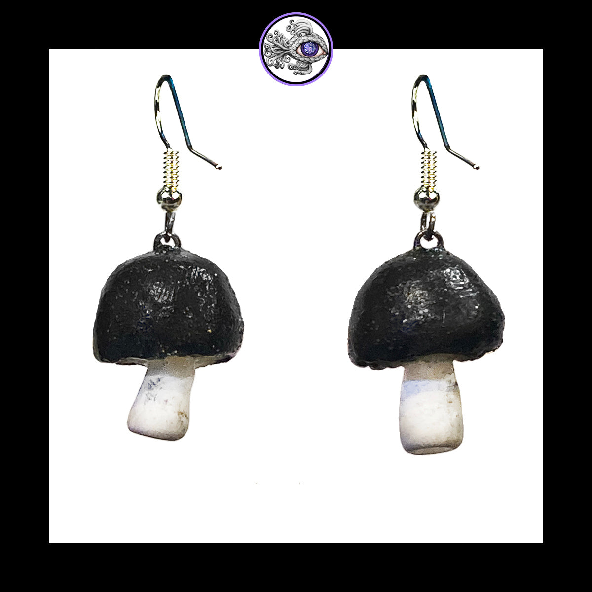 Mushrooms - Black Shimmer - Handmade Clay Dangle Earrings