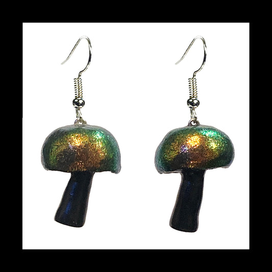 Mushrooms - Iridescent Black Shimmer - Handmade Clay Dangle Earrings *Custom Order Only*