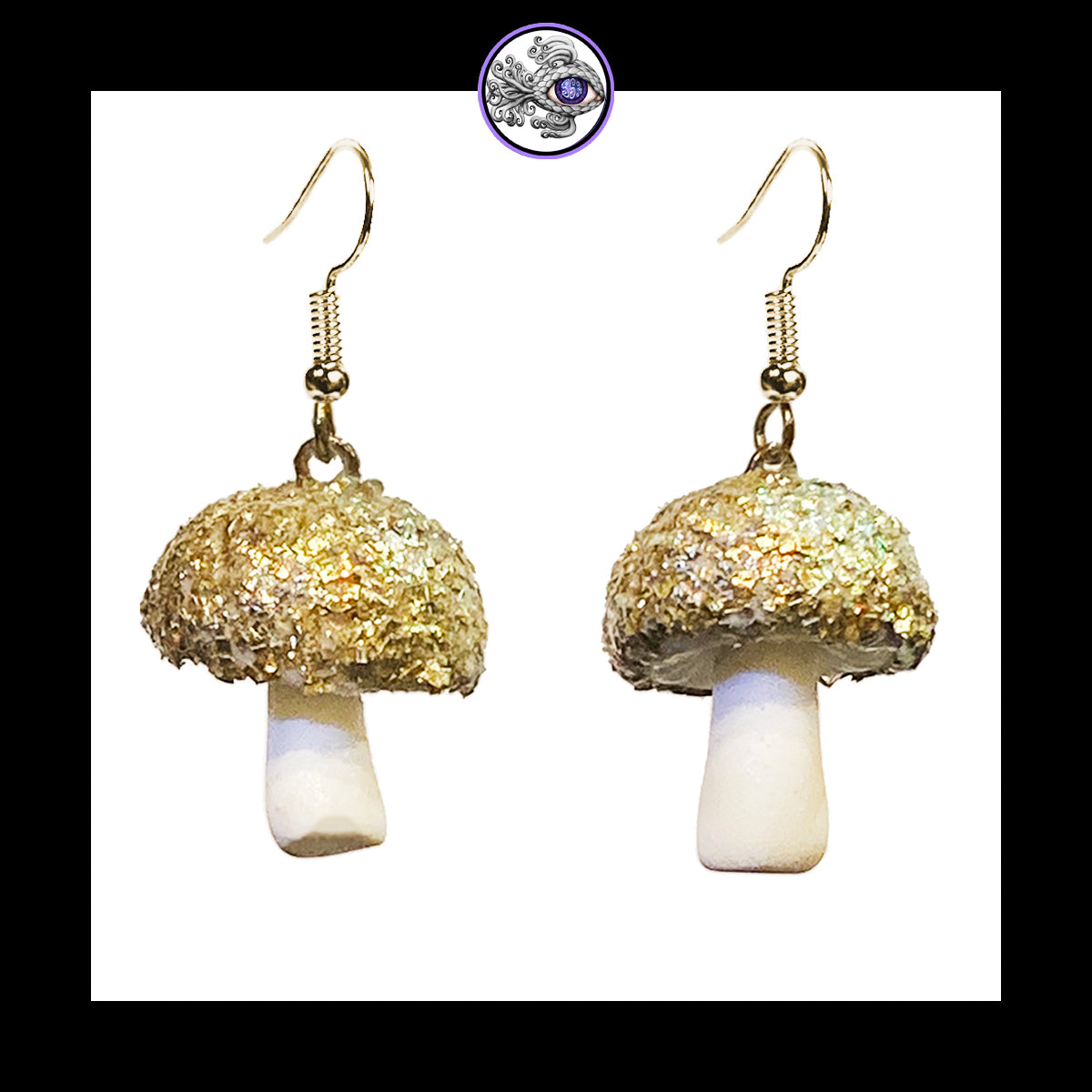 Mushrooms - Gold & White Shimmer - Handmade Clay Dangle Earrings