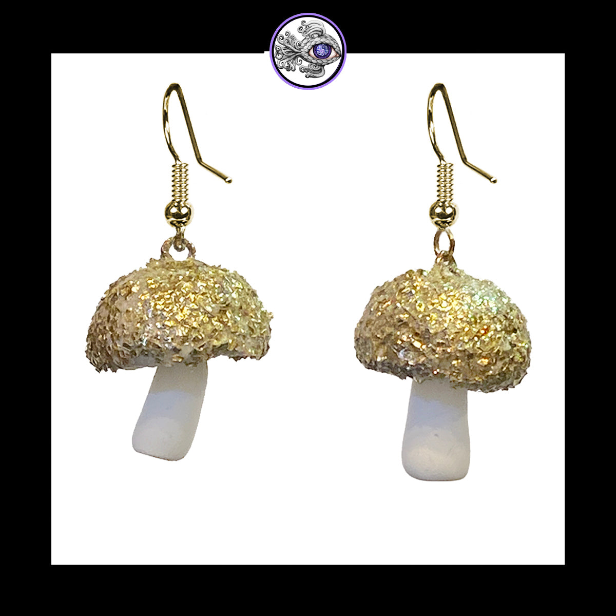 Mushrooms - Gold & White Shimmer - Handmade Clay Dangle Earrings