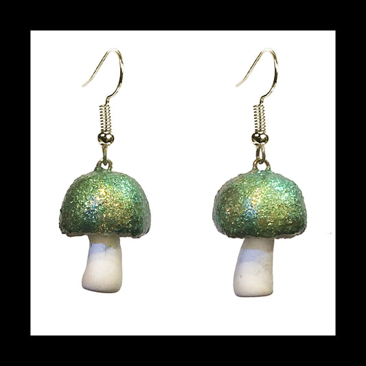 Mushrooms - Green Shimmer - Handmade Clay Dangle Earrings