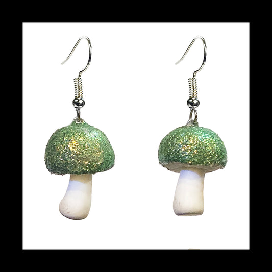 Mushrooms - Green Shimmer - Handmade Clay Dangle Earrings