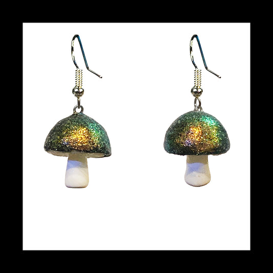 Mushrooms - Iridescent Black & White Shimmer - Handmade Clay Dangle Earrings