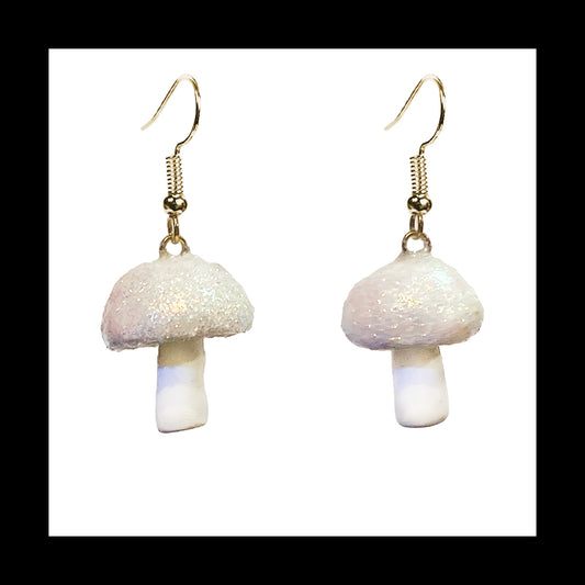 Mushrooms - Iridescent White Shimmer - Handmade Clay Dangle Earrings