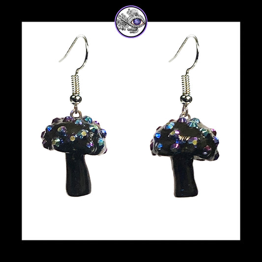 Mushrooms - Black Sparkle - Amanita Clay Dangle Earrings