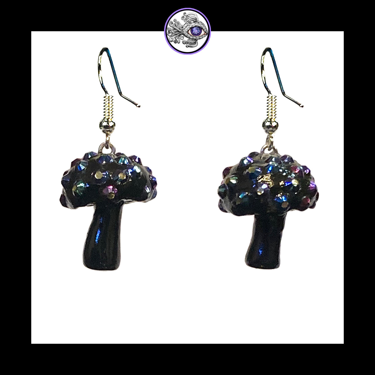 Mushrooms - Black Sparkle - Amanita Clay Dangle Earrings