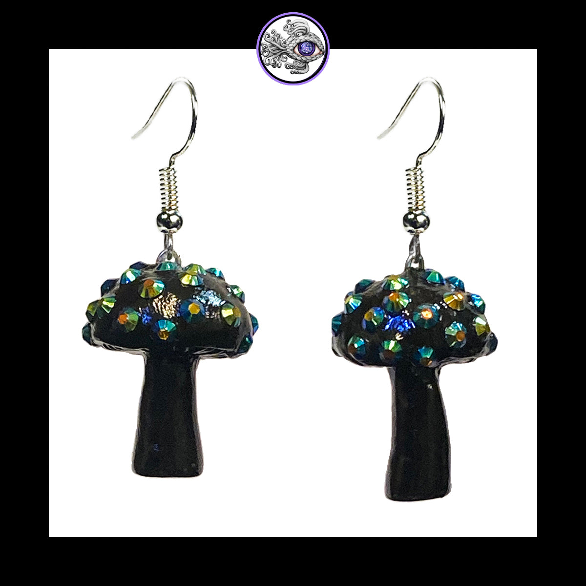 Mushrooms - Black Sparkle - Amanita Clay Dangle Earrings